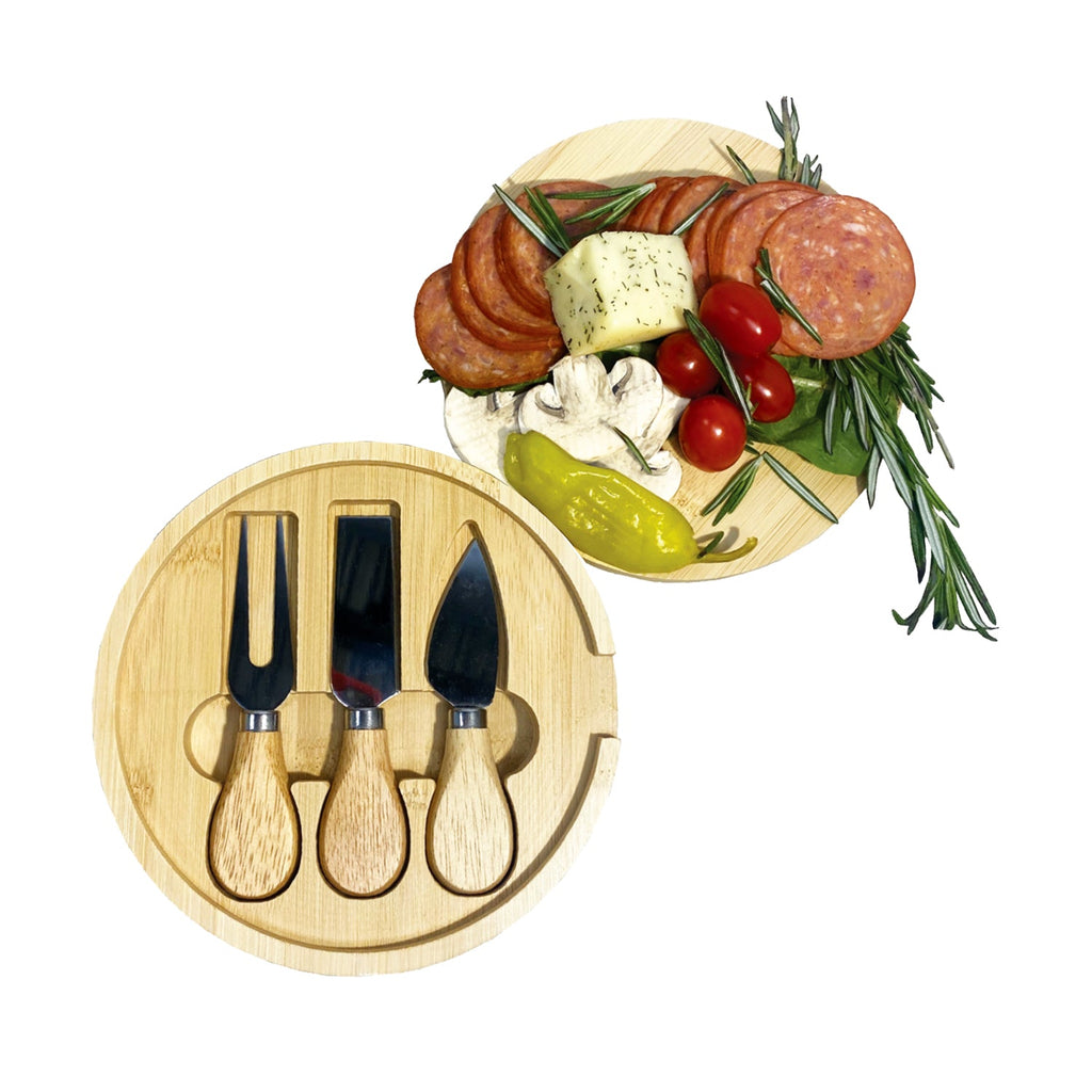 JS Gourmet - 2 in 1 Round Cheese Board and 3 Knives Set - 76-7-99087 - Mounts For Less
