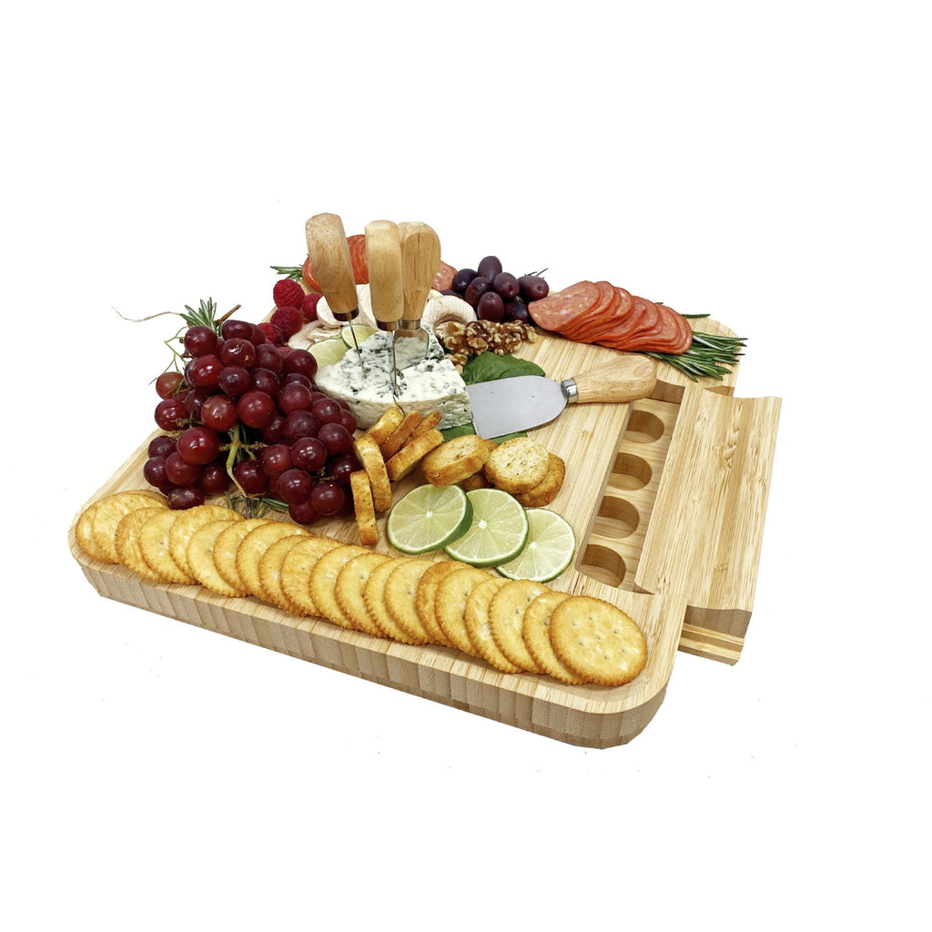 JS Gourmet - Large Bamboo Cheese Board with Sliding Drawer and 4 Knives - 76-7-99095 - Mounts For Less