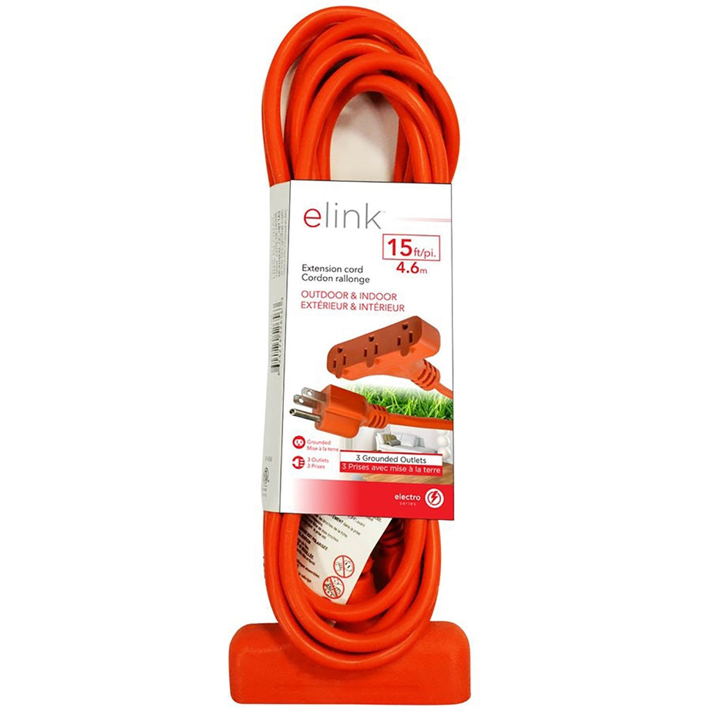 Elink - Outdoor 3 Outlet Extension Cord, 15 Feet Length, Orange