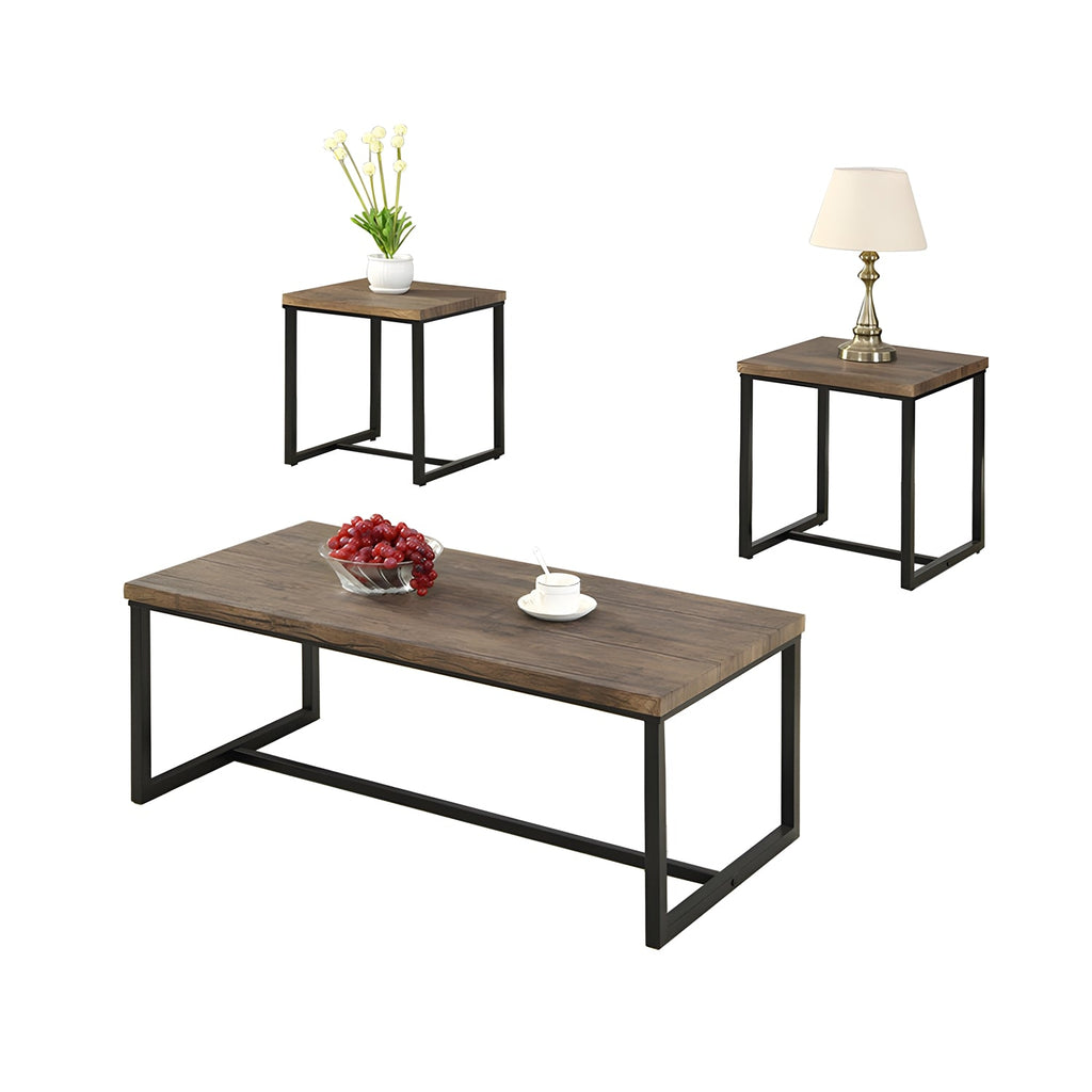 IFDC - Set of 1 Coffee Table and 2 Side Table with Wooden Top and Metal Base, Brown - 53-IF-3230 - Mounts For Less