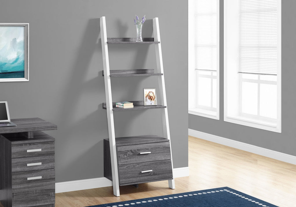 Monarch Specialties I 2756 Bookshelf, Bookcase, Etagere, Ladder, 4 Tier, 69"h, Office, Bedroom, Laminate, Grey, White, Contemporary, Modern - 83-2756 - Mounts For Less