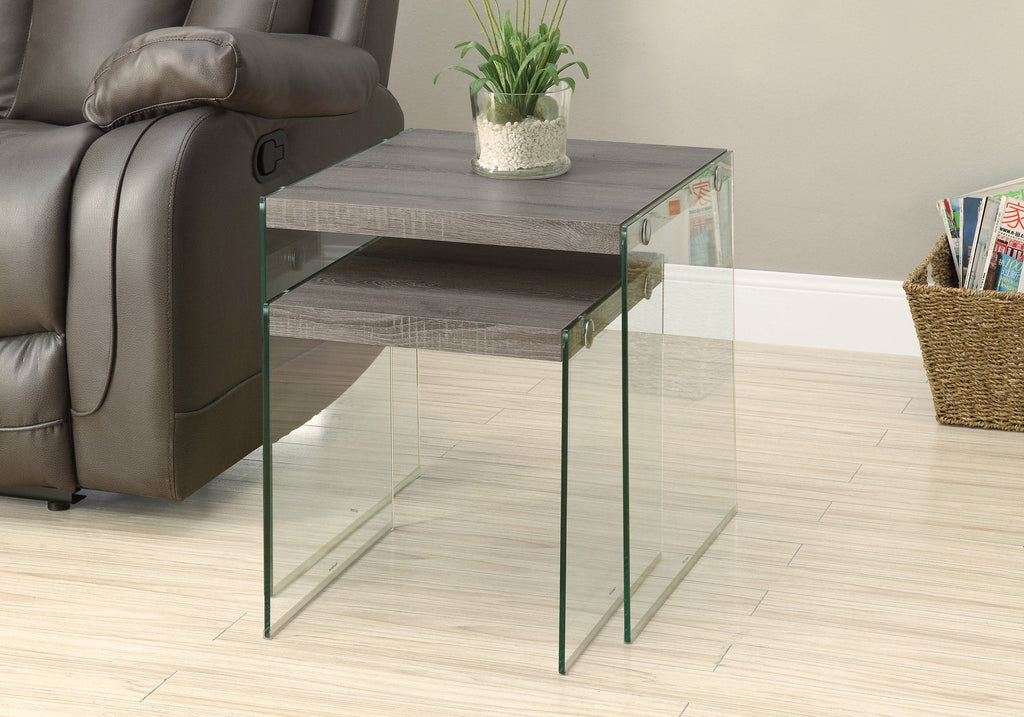 Monarch Specialties I 3053 Nesting Table, Set Of 2, Side, End, Accent, Living Room, Bedroom, Tempered Glass, Laminate, Brown, Clear, Contemporary, Modern - 83-3053 - Mounts For Less