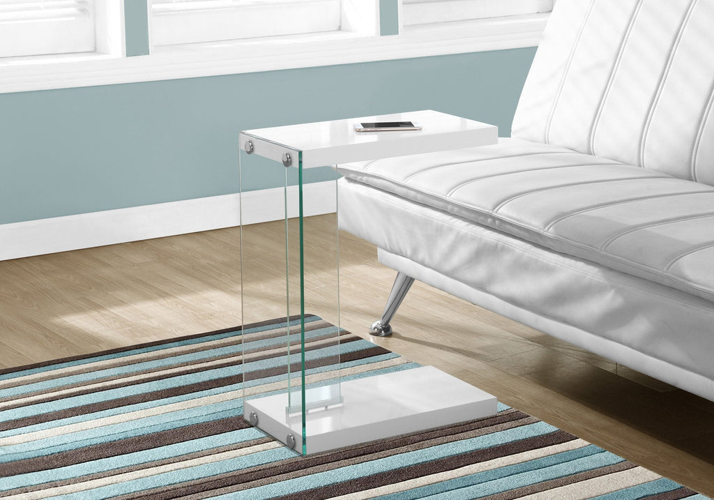 Monarch Specialties I 3215 Accent Table, C-shaped, End, Side, Snack, Living Room, Bedroom, Tempered Glass, Laminate, Glossy White, Clear, Contemporary, Modern - 83-3215 - Mounts For Less