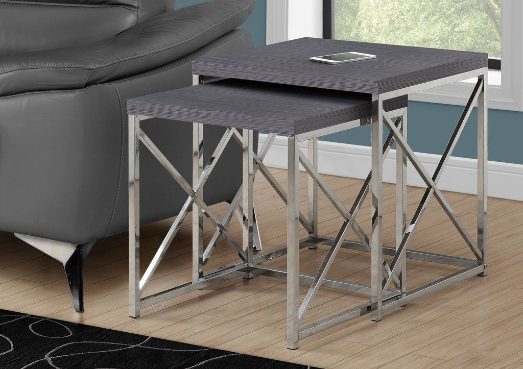 Monarch Specialties I 3226 Nesting Table, Set Of 2, Side, End, Metal, Accent, Living Room, Bedroom, Metal, Laminate, Grey, Chrome, Contemporary, Modern - 83-3226 - Mounts For Less