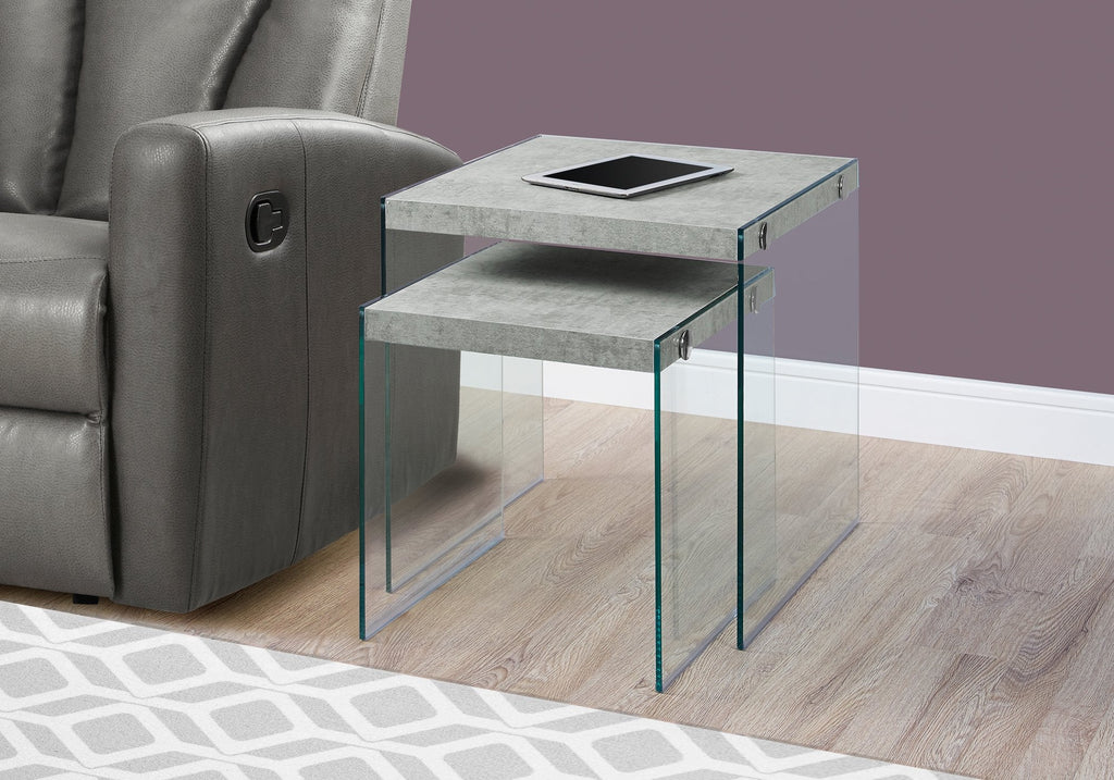 Monarch Specialties I 3231 Nesting Table, Set Of 2, Side, End, Accent, Living Room, Bedroom, Tempered Glass, Laminate, Grey, Clear, Contemporary, Modern - 83-3231 - Mounts For Less
