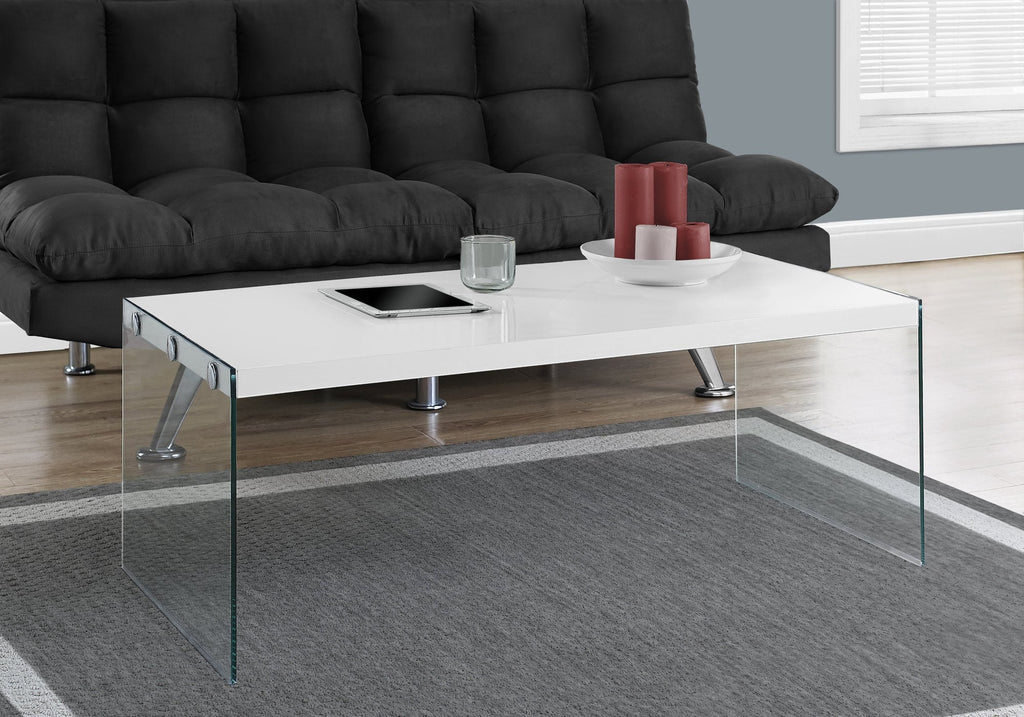 Monarch Specialties I 3286 Coffee Table, Accent, Cocktail, Rectangular, Living Room, 44"l, Tempered Glass, Laminate, Glossy White, Clear, Contemporary, Modern - 83-3286 - Mounts For Less