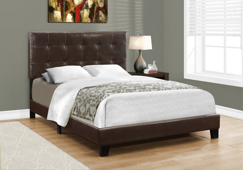 Monarch Specialties I 5922F Bed, Full Size, Platform, Bedroom, Frame, Upholstered, Pu Leather Look, Wood Legs, Brown, Transitional - 83-5922F - Mounts For Less
