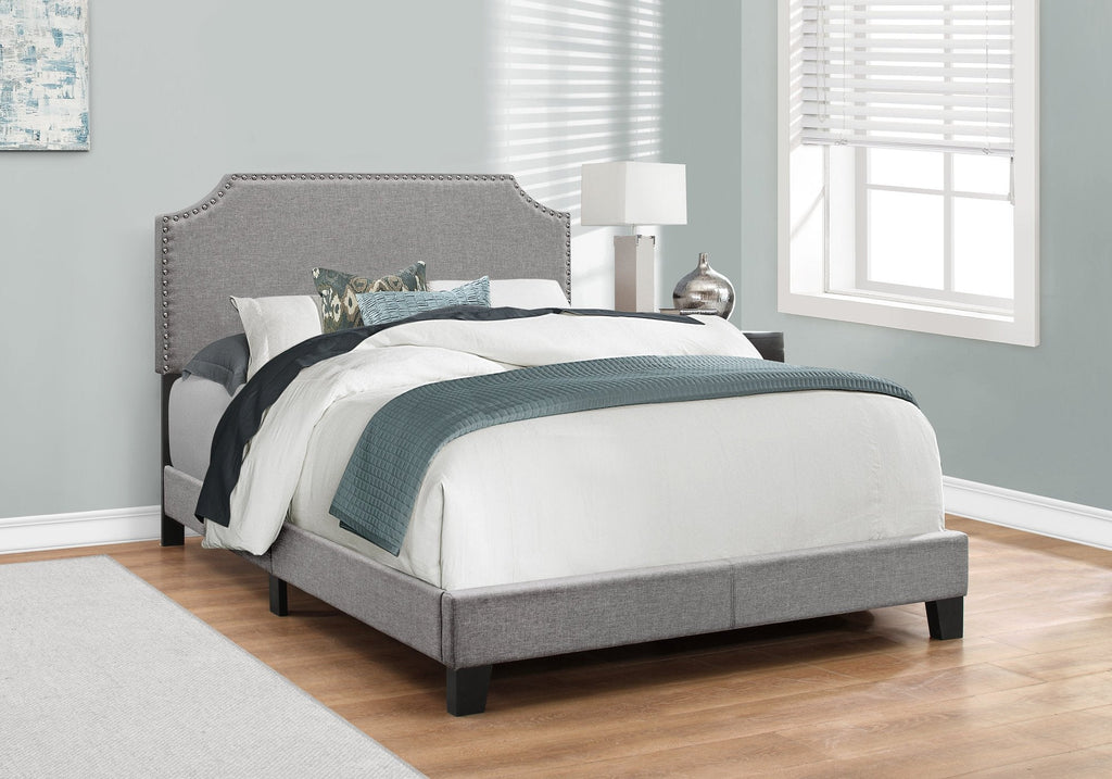Monarch Specialties I 5925F Bed, Full Size, Platform, Bedroom, Frame, Upholstered, Linen Look, Wood Legs, Grey, Chrome, Transitional - 83-5925F - Mounts For Less