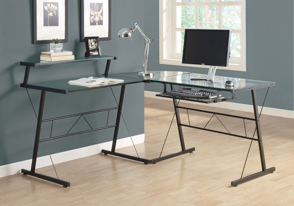 Monarch Specialties I 7172 Computer Desk, Home Office, Corner, L Shape, Work, Laptop, Metal, Tempered Glass, Black, Clear, Contemporary, Modern - 83-7172 - Mounts For Less
