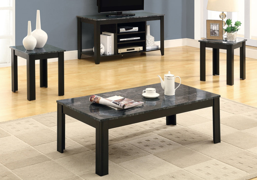 Monarch Specialties I 7843P Table Set, 3pcs Set, Coffee, End, Side, Accent, Living Room, Laminate, Grey Marble Look, Black, Transitional - 83-7843P - Mounts For Less